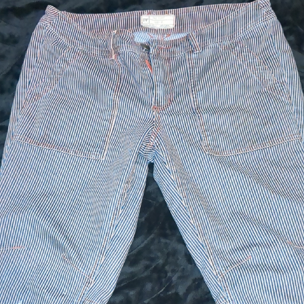 Free People Blue and White Striped Straight Leg Jeans